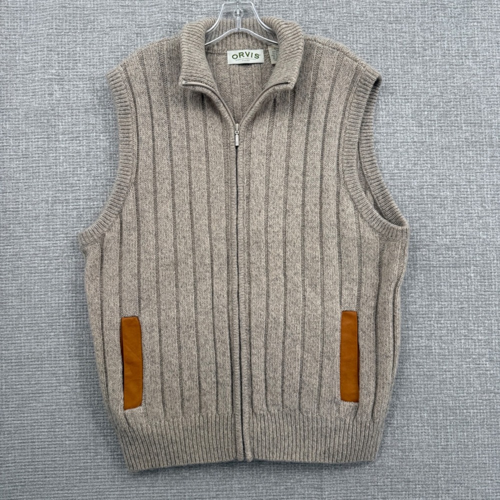 Vtg Orvis Full Zip Ribbed Knit Wool Blend Sweater Vest Men L Tan Leather Trim